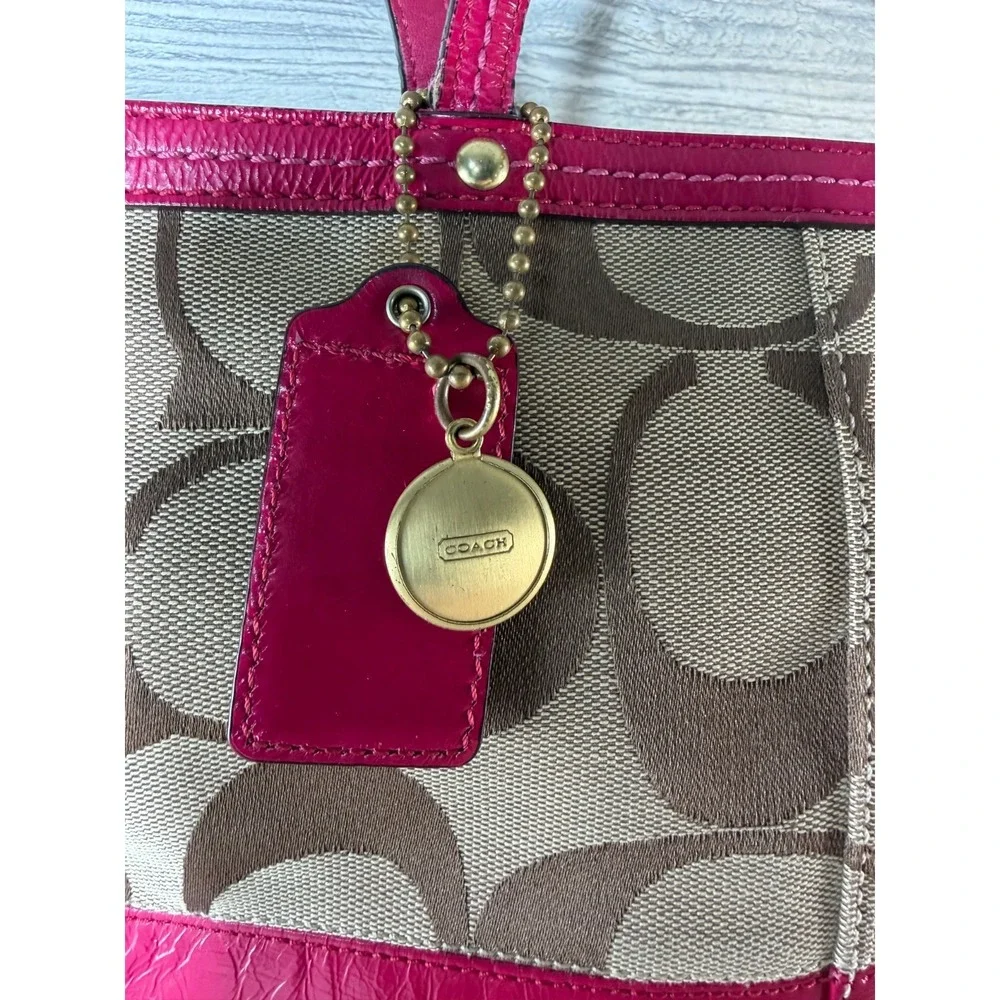 Coach Signature Stripe Canvas Leather Tote Handbag No#CO868-2429 Khaki Pink Y2K - Picture 2 of 11